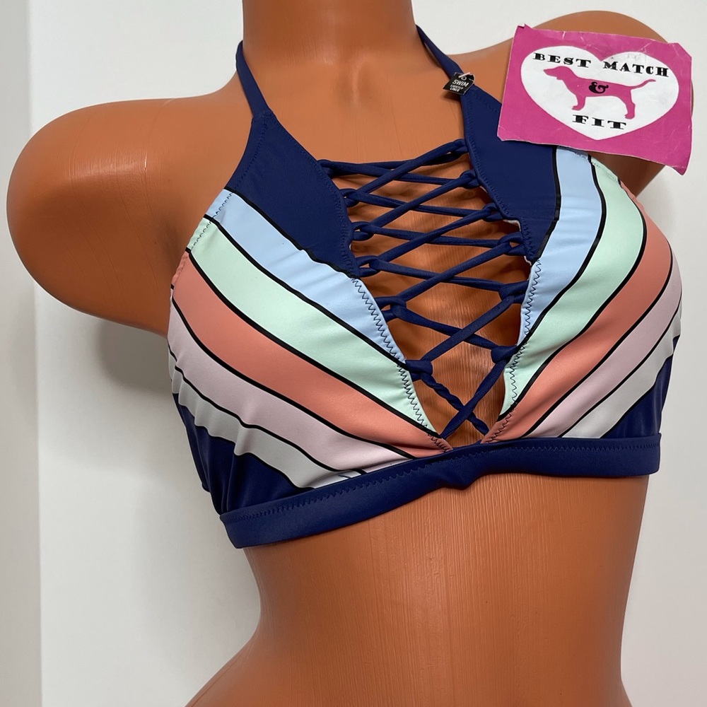 Victoria’s Secret PINK L Logo Bathing Suit Top Strappy Caged Cut Out Padded